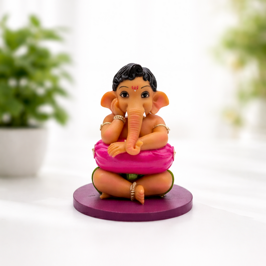 Tinydevine Ushi Ganesha Idol, Decorative Figurine with Purple Base, 4 Inch