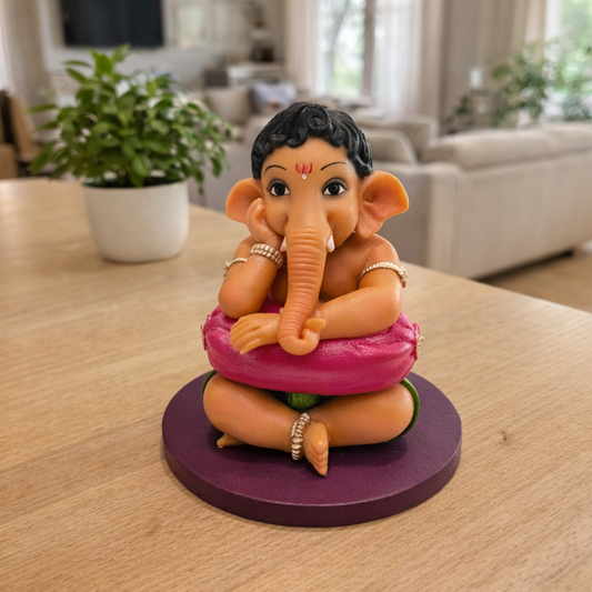 Tinydevine Ushi Ganesha Idol, Decorative Figurine with Purple Base, 4 Inch