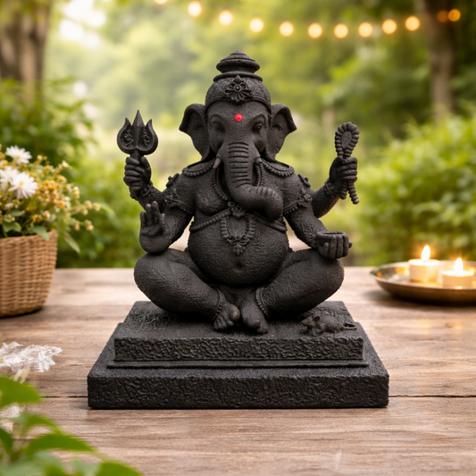 TinyDevine Ekdanta Ganesha Statue, Black Finish, Decorative Hindu God Figurine with Red Bindi